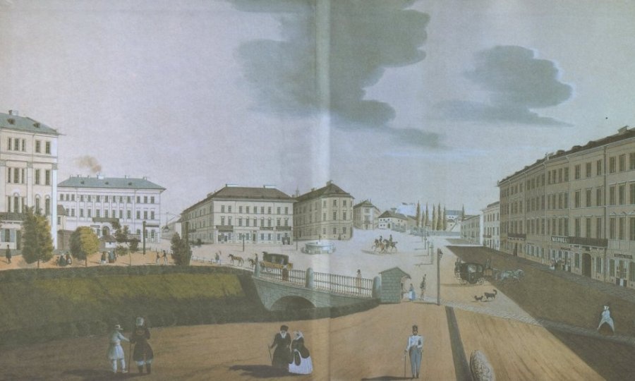 Площа Фердинанда (Міцкевича) на літографії Августа Гаттона 1847 року