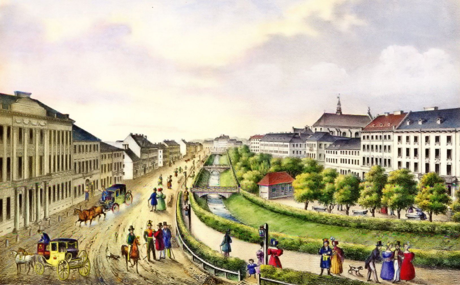 Літографія К.Ауера на котрій зображено вигляд проспекту Свободи в першій половині XIX ст.
