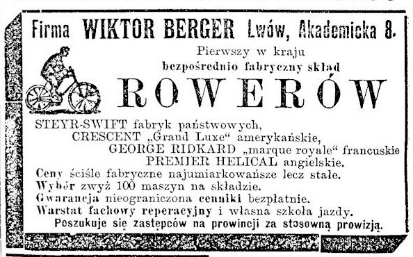 Оголошення про продаж велосипедів у газеті Kurjer Lwowski за 28 квітня 1898 року
