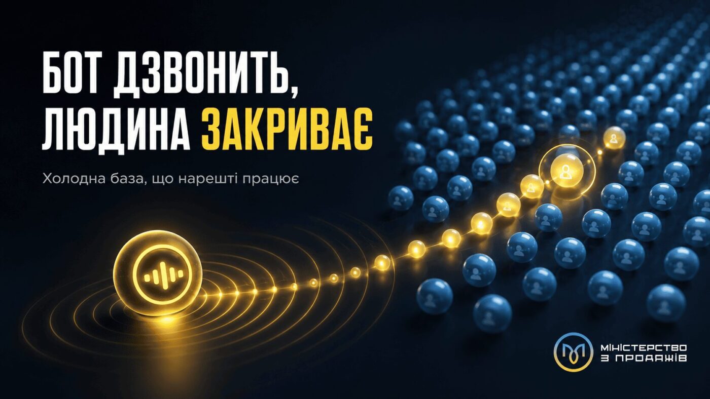 Реалістичний голосовий AI-бот обдзвонює велику базу контактів, теплі ліди йдуть людині, з написом «Бот дзвонить, людина закриває» та підписом «Холодна база, що нарешті працює»