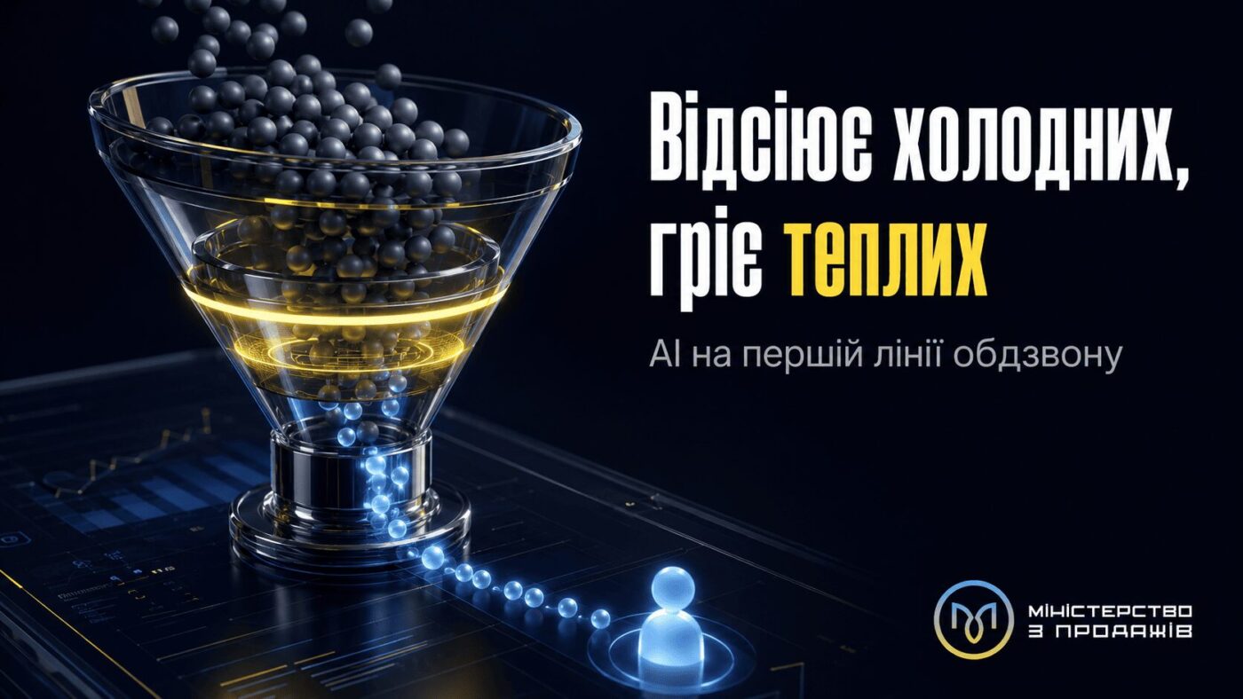 Реалістична воронка, де голосовий бот відсіює холодні контакти і передає теплі менеджеру, з написом «Відсіює холодних, гріє теплих» та підписом «AI на першій лінії обдзвону»