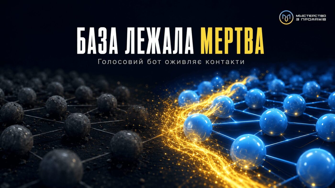 Реалістична мертва база контактів оживає під дією голосового бота, з написом «База лежала мертва» та підписом «Голосовий бот оживляє контакти»
